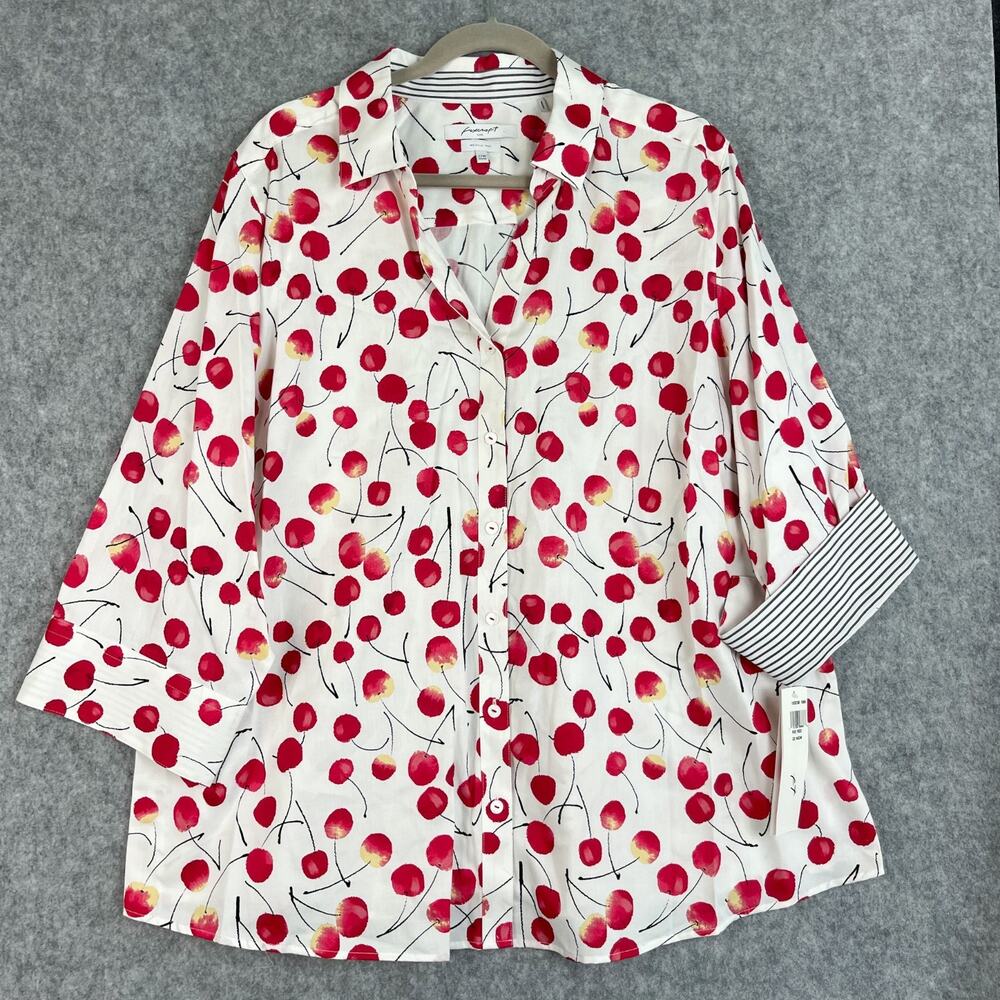 Foxcroft Mary Sweet Cherries Top Womens 22W Wrinkle Free Shaped‎ Button Up NWT